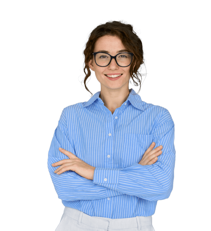 Smiling female homeowner with glasses crossing arms